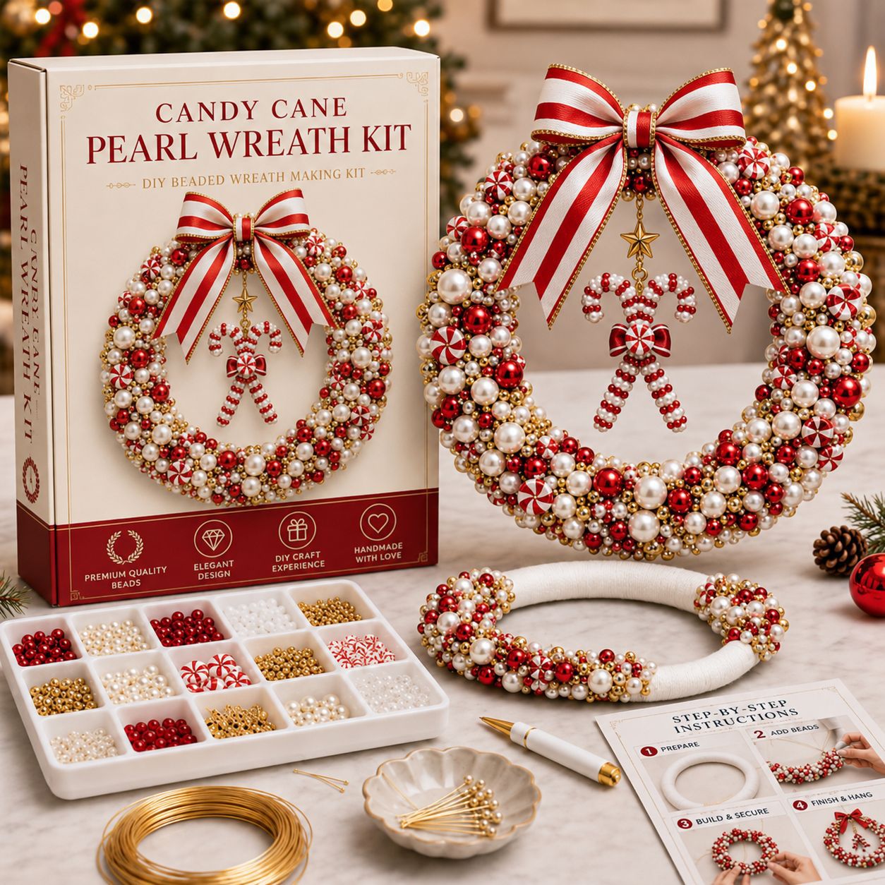 🎁 DIY Pearl Wreath Making Kit – Elegance Handmade Beaded Christmas Wreath Keepsake 🎄