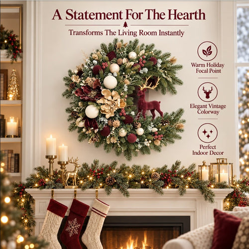 The Hearthside Velvet Reindeer & Vintage Floral Christmas Wreath