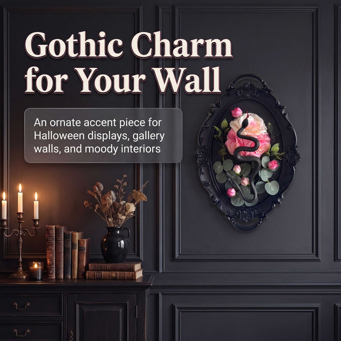 Black Snake & Rose Gothic Wall Frame – Dark Floral Halloween Decor