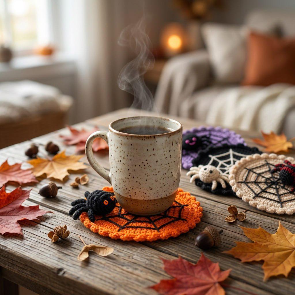 🕷️ Handmade Crochet Spider Web Coaster — Spooky Gothic Halloween Home & Coffee Table Decor ☕