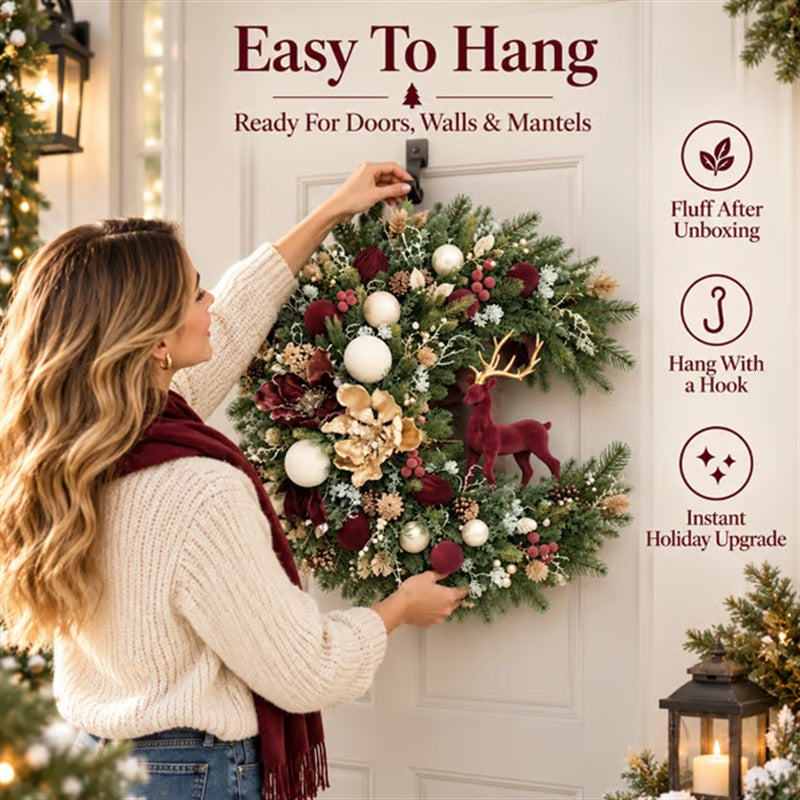 The Hearthside Velvet Reindeer & Vintage Floral Christmas Wreath