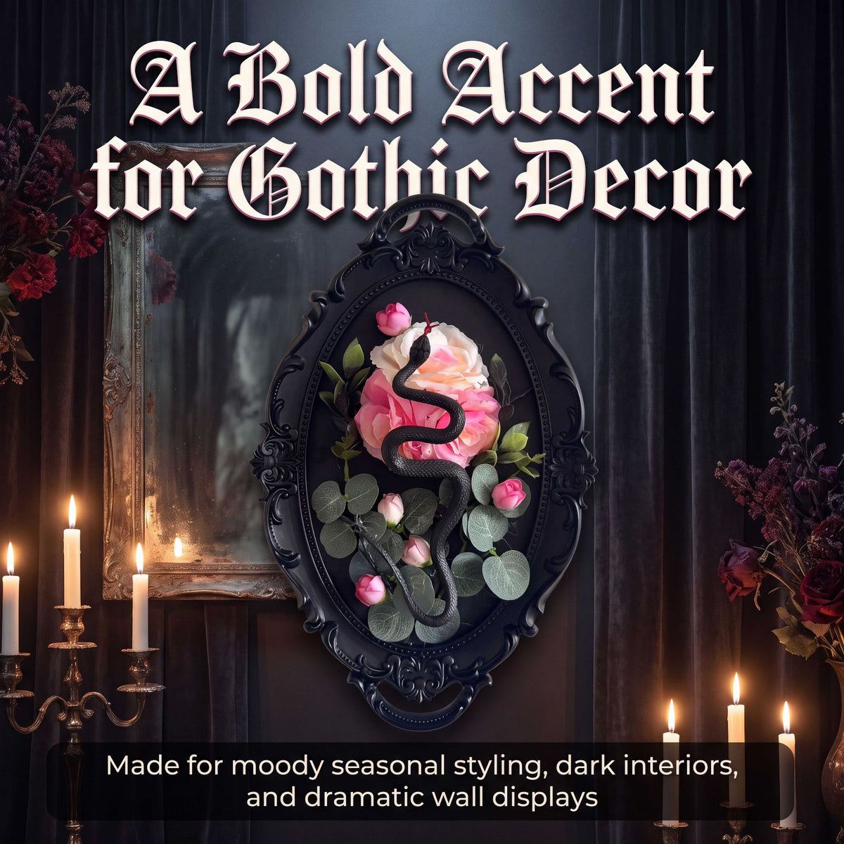 Black Snake & Rose Gothic Wall Frame – Dark Floral Halloween Decor