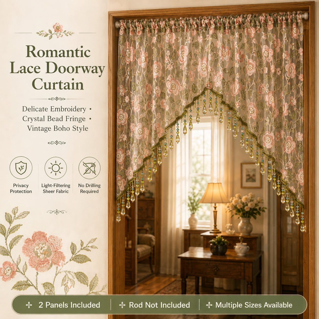 💖 Add a Touch of French Romance — Vintage Floral Lace Door Curtain & Beaded Sheer Panel ✨🌷