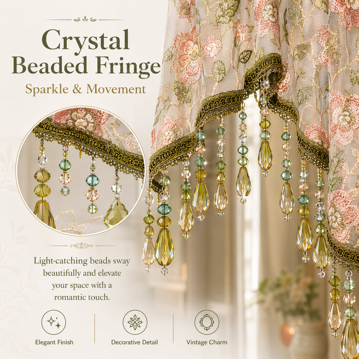 💖 Add a Touch of French Romance — Vintage Floral Lace Door Curtain & Beaded Sheer Panel ✨🌷