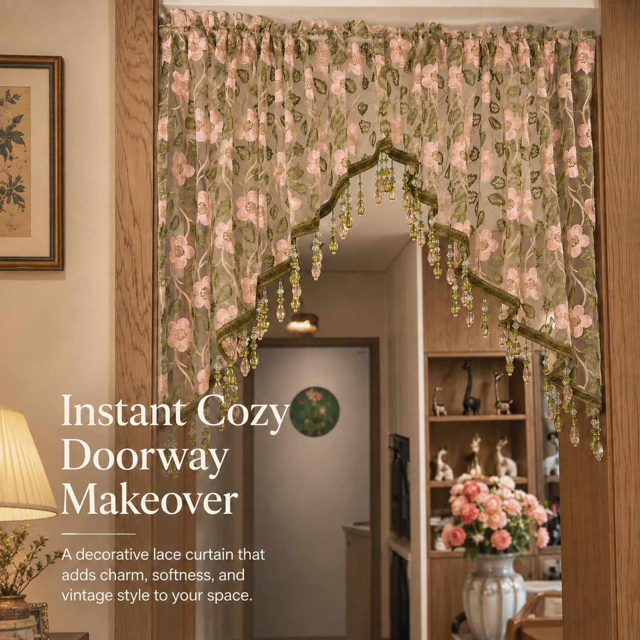 💖 Add a Touch of French Romance — Vintage Floral Lace Door Curtain & Beaded Sheer Panel ✨🌷