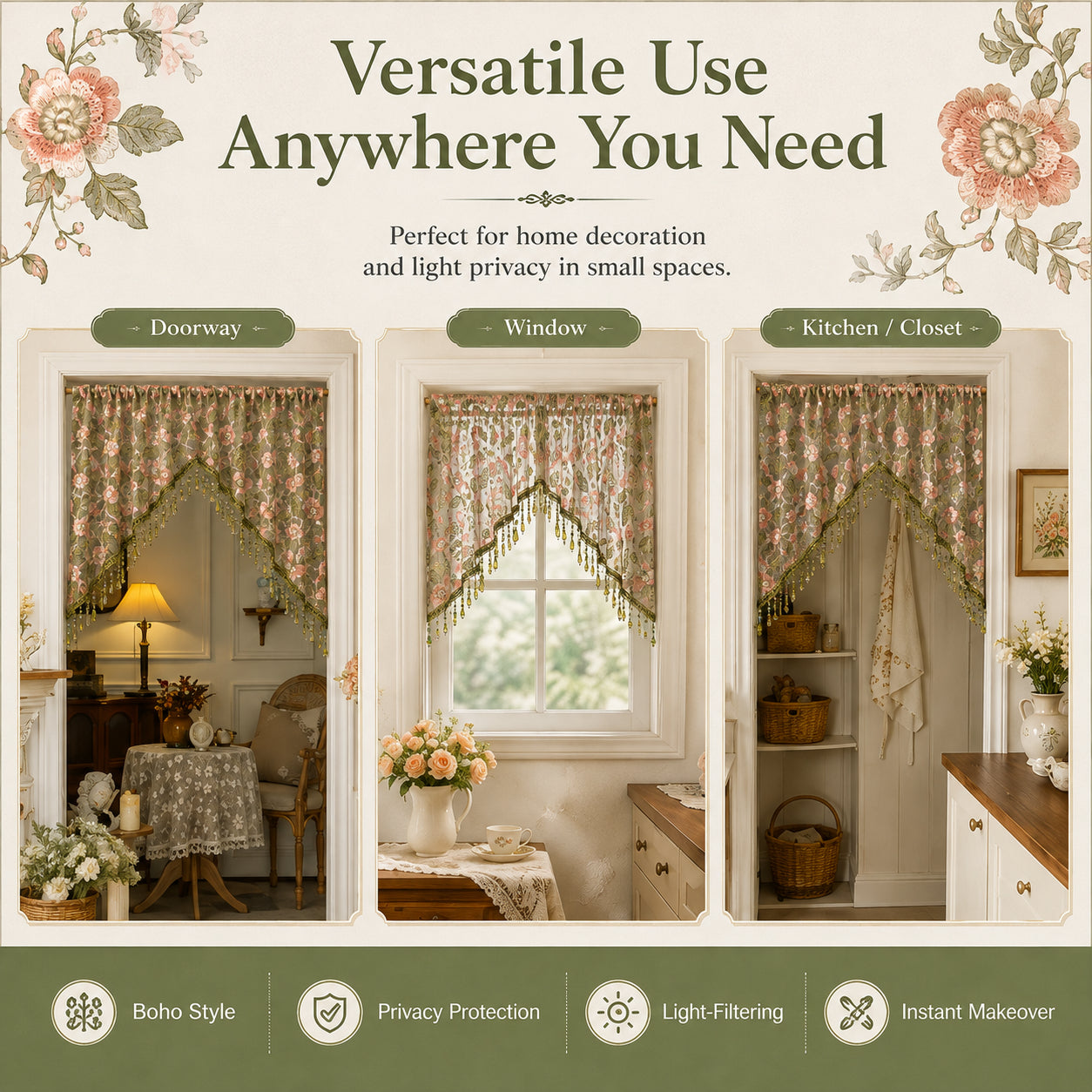 💖 Add a Touch of French Romance — Vintage Floral Lace Door Curtain & Beaded Sheer Panel ✨🌷