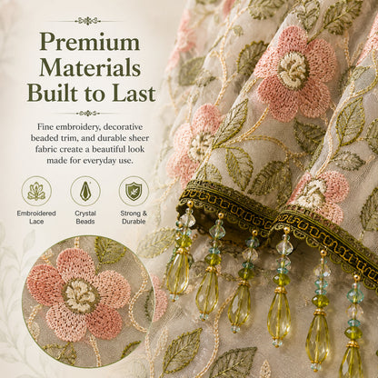 💖 Add a Touch of French Romance — Vintage Floral Lace Door Curtain & Beaded Sheer Panel ✨🌷