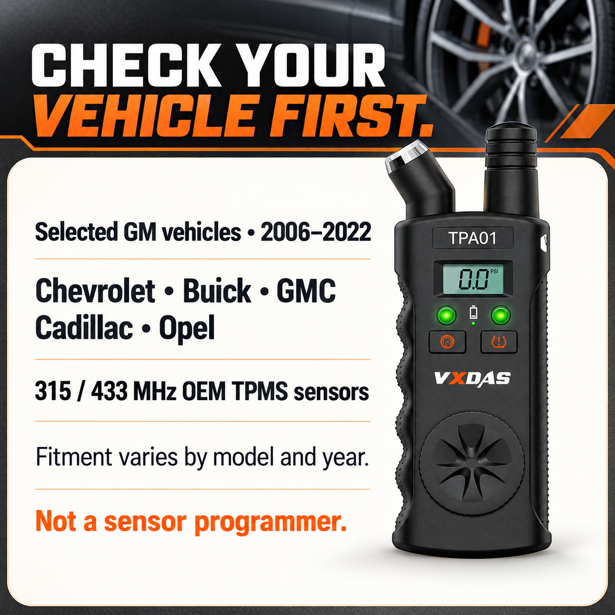 Selected 2006–2022 GM vehicle and 315/433 MHz OEM sensor compatibility