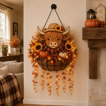 🐮🎃 Highland Cow Fall Hanging Basket with Warm LED Lights – Rustic Autumn Porch Decor & Farmhouse Welcome Accent