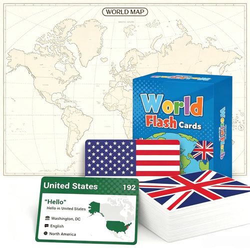 🌍245-Piece World Flags Flashcards Set – Fun Geography Learning Game for Kids & Adults with World Map 📚