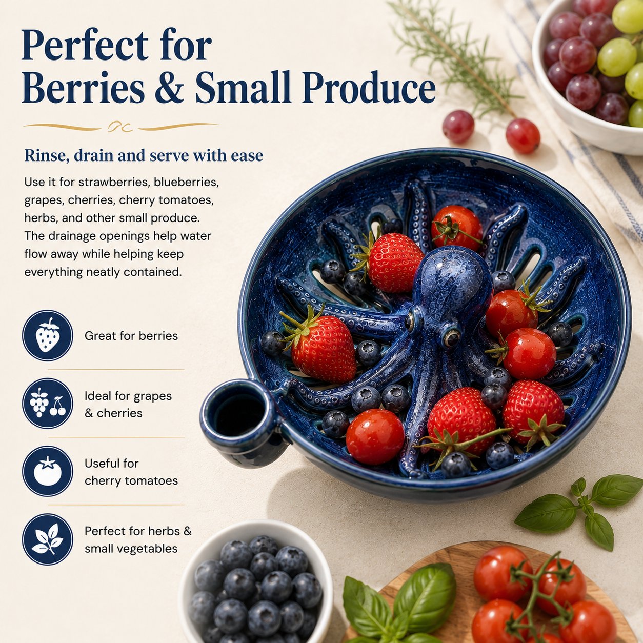 🐙🌊Bold Indigo Octopus Berry Colander
