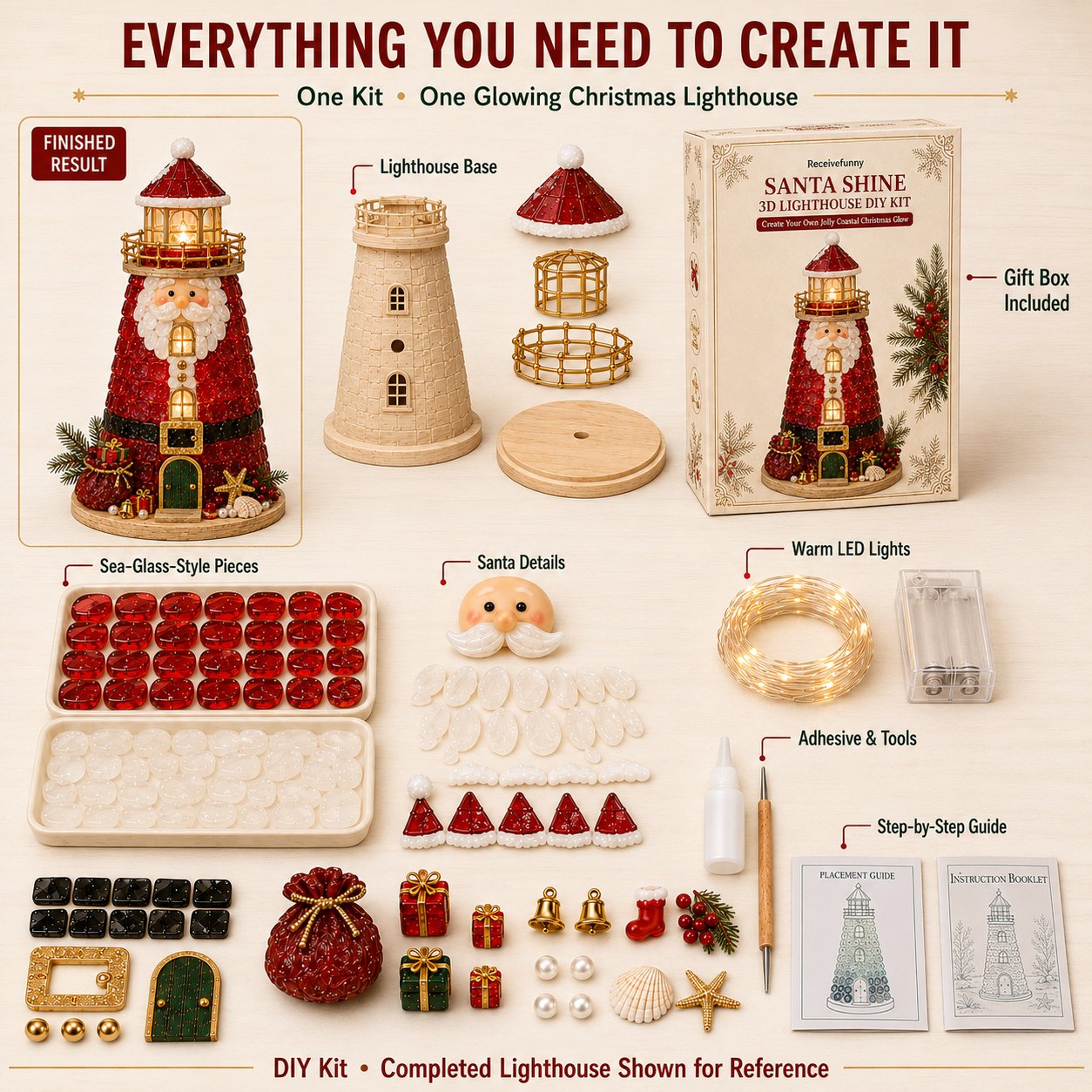 🎄Beginner-Friendly DIY Lighted Christmas Character Sea Glass-Style Lighthouse Kit Collection | Complete Kit with Sea Glass-Style Pieces, LED Lights & Step-by-Step Guide Included 💕