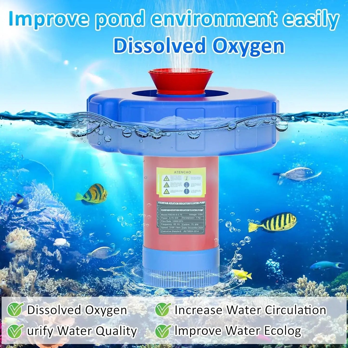 1HP 750W Floating Pond Fountain Aerator, 15000 GPH Pump for Large Ponds & Lakes