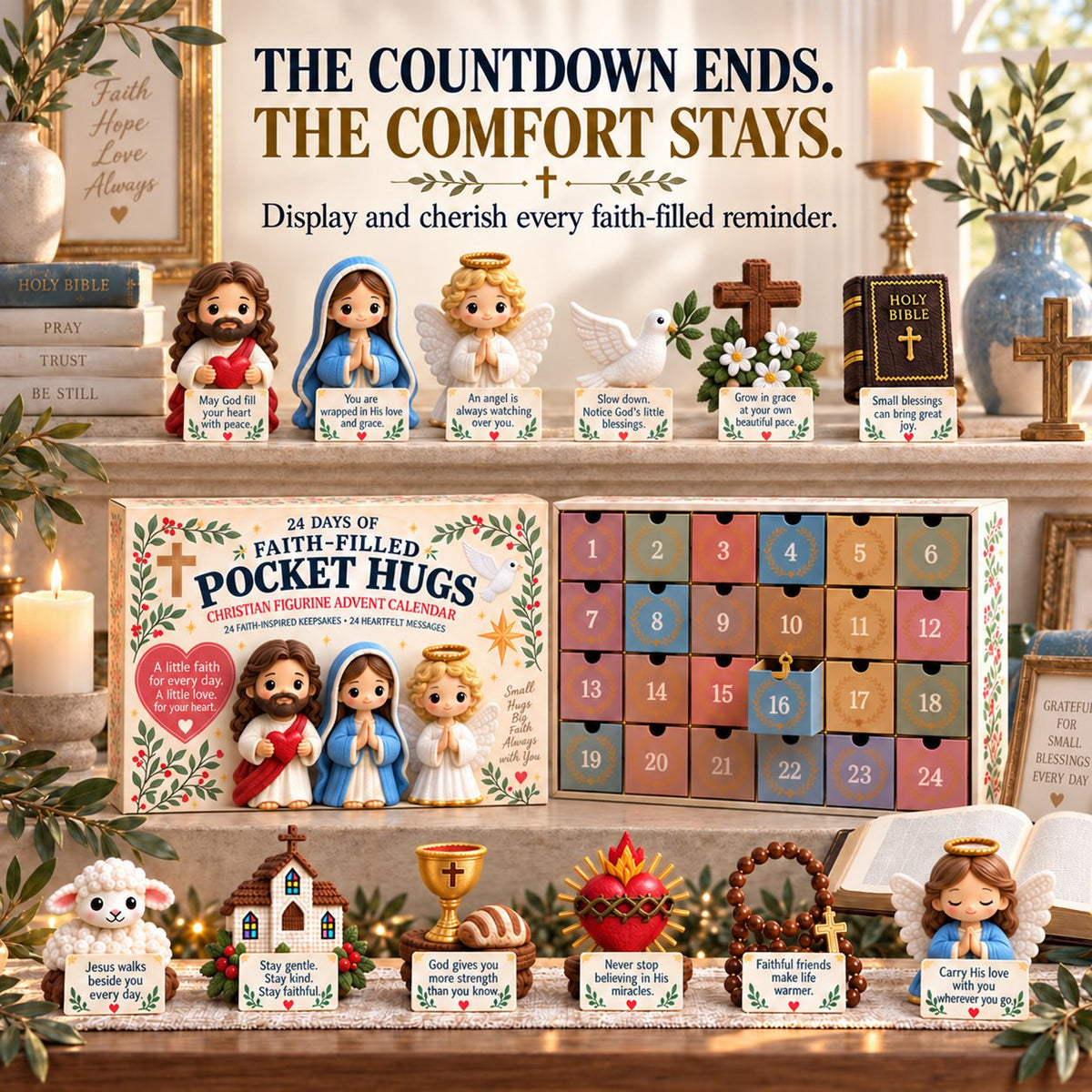 ✝️ 24 Days of Faith-Filled Pocket Hugs™ Advent Calendar | 24 Unique Hand-Painted Christian Keepsakes with Matching Encouragement Cards & No Repeated Designs 🎁