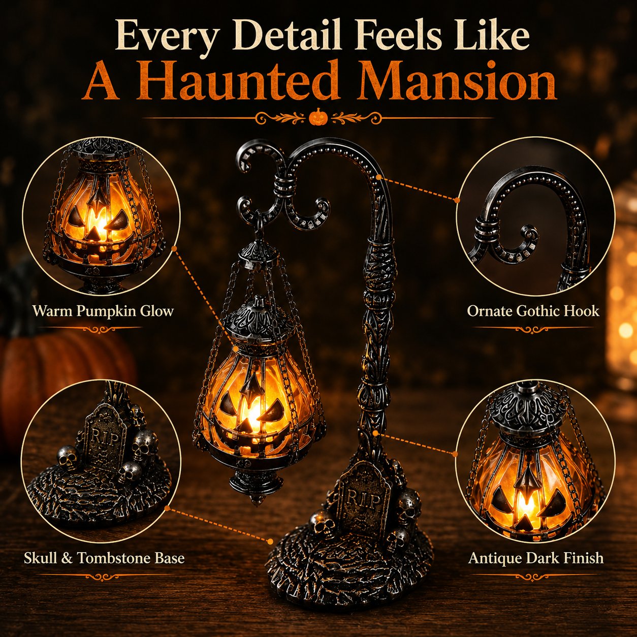 💥🏆 Gothic Pumpkin Lantern Stand | Warm Orange LED Glow, Victorian Skull Details & Haunted Shelf Decor 🕯️