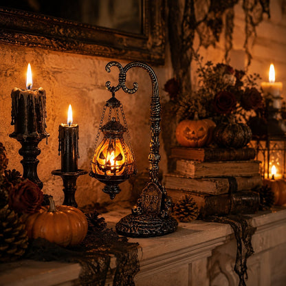💥🏆 Gothic Pumpkin Lantern Stand | Warm Orange LED Glow, Victorian Skull Details & Haunted Shelf Decor 🕯️
