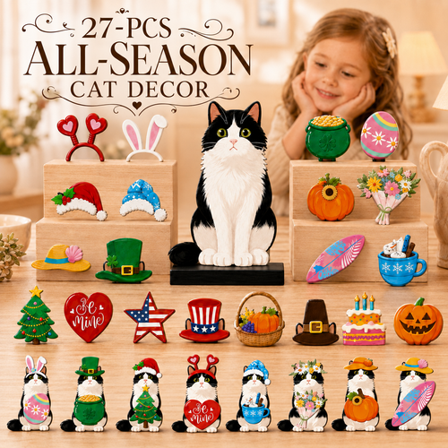 🐾 Interchangeable Wooden Cat Seasonal Desk Sign (27-Pcs Set)