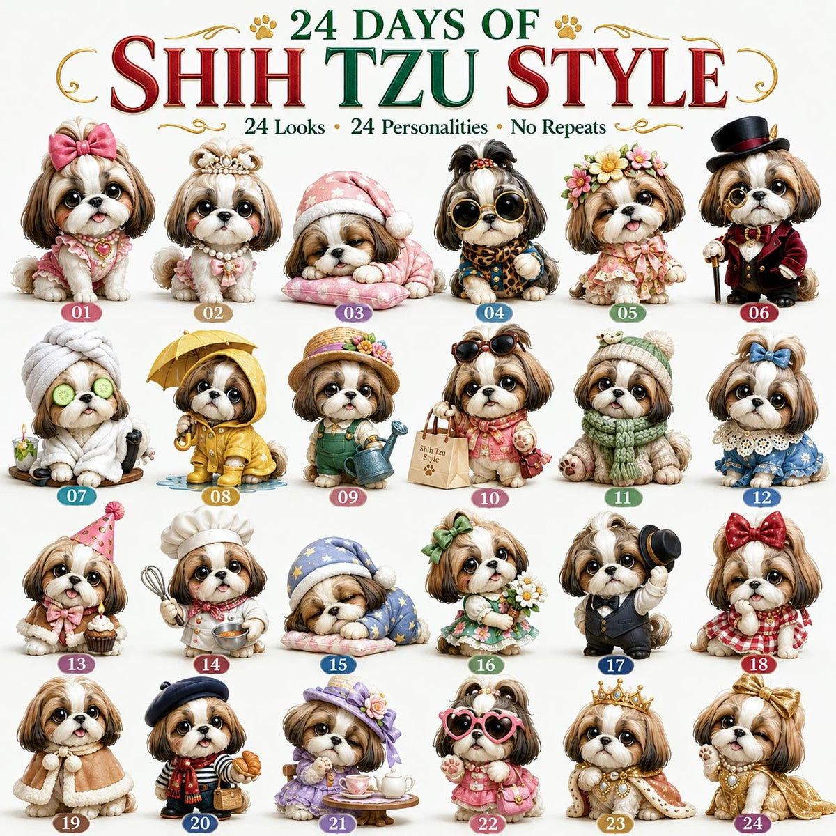 🎄LAST DAY 49% OFF -🎀24 Days of Shih Tzu Style 2D Advent Calendar –  24 Unique 2D Shih Tzu Collectibles ✨🐾