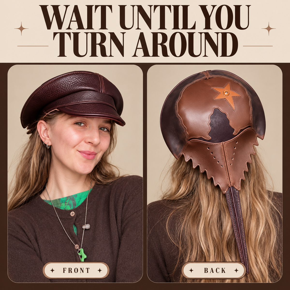 Brown horseshoe crab statement hat — reveal