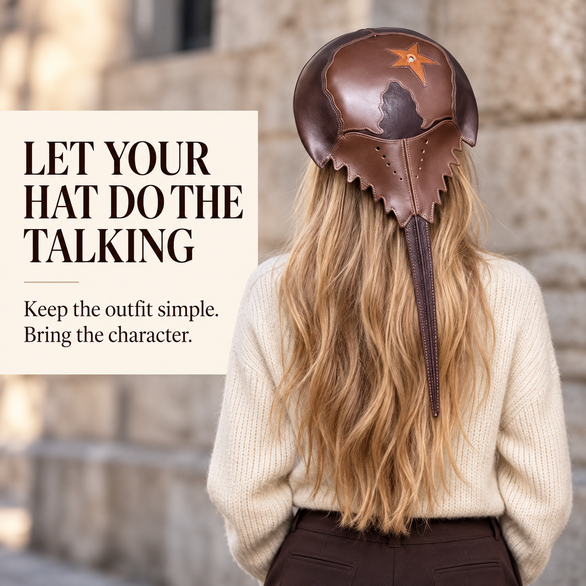 Brown horseshoe crab statement hat — street