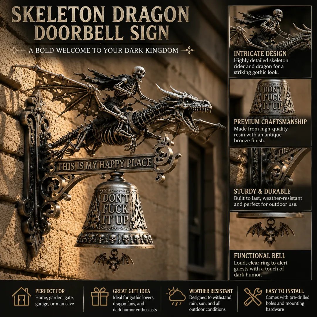 🔥HOT SALE 49% OFF🐉🔔Skull Dragon Rider Bell – “This Is My Happy Place” Wall Bell✨