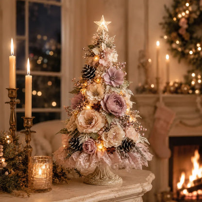 Blush Bloom Pre-Lit Floral Christmas Tree – Cord-Free Tabletop Décor