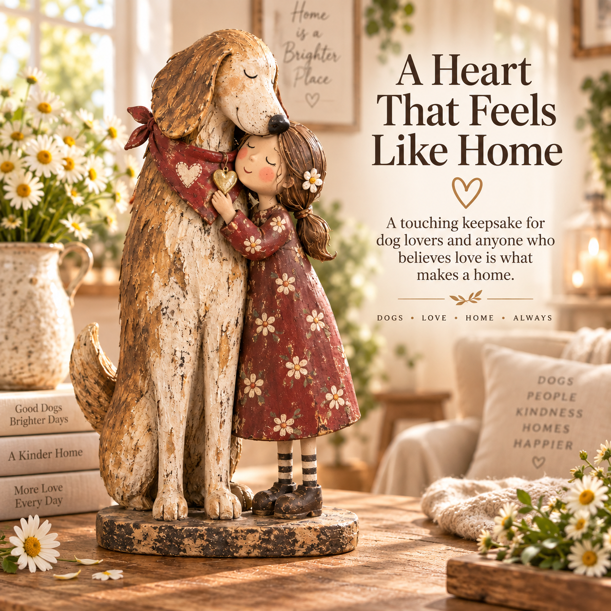 🐾 "Home Is Who Holds You" Girl & Rescued Dog Keepsake – Sentimental Folk Art Figurine ❤️