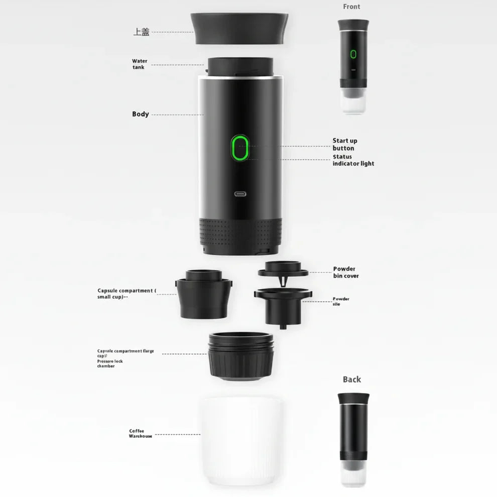 Portable Espresso Coffee Maker – 15-Bar Rechargeable Travel Coffee Machine
