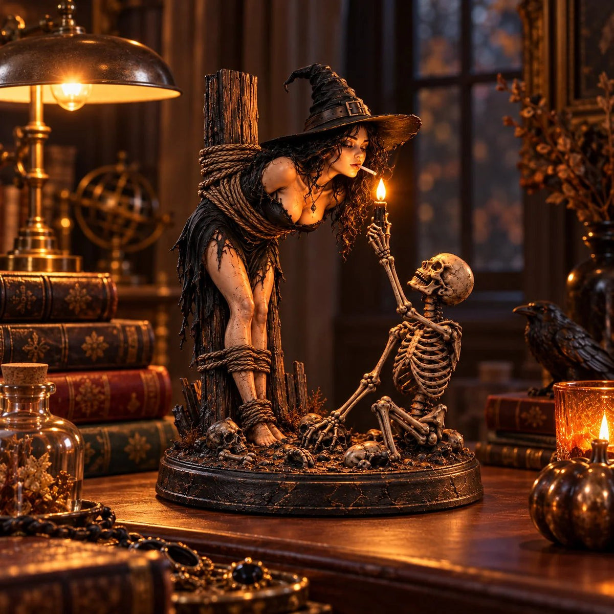 🧙💀Witch and Skeleton Candle Figure – Dark, Gothic Halloween Table Decoration🔥