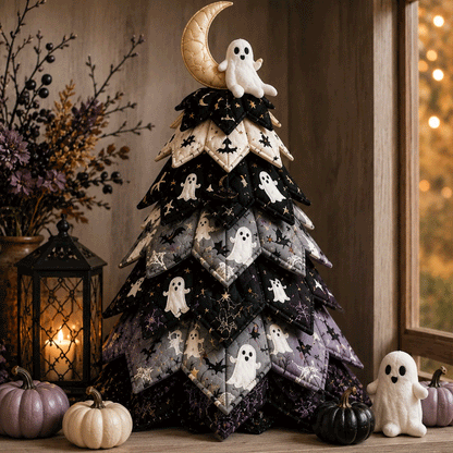 🎃✨ Lighted Halloween Quilted Fabric Tree – Cozy Handmade Glow Decoration