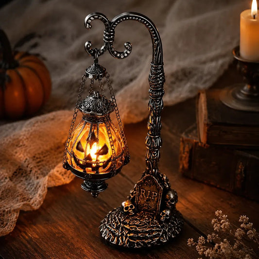 💥🏆 Gothic Pumpkin Lantern Stand | Warm Orange LED Glow, Victorian Skull Details & Haunted Shelf Decor 🕯️