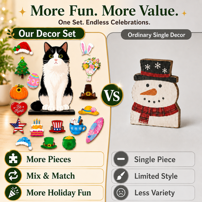 🐾 Interchangeable Wooden Cat Seasonal Desk Sign (27-Pcs Set)