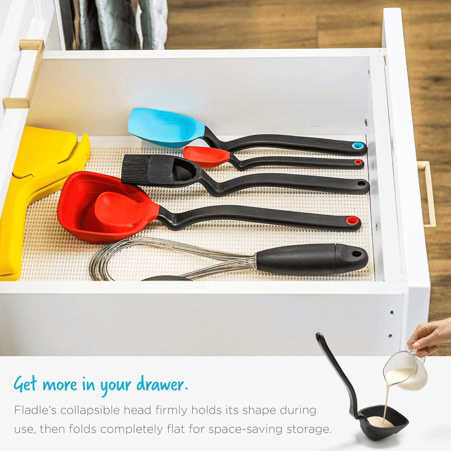 Dreamfarm Fladle Fold-Flat, Space-Saving Serving & Cooking Ladle Measures up to 1/2 Cup with Silicone Scraping Squeegee-Tip - 12"