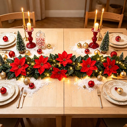 Artificial Christmas Poinsettia Garland with Green Leaves – Flexible Velvet Red Flower Vine for Fireplace, Staircase & Mantel Decor