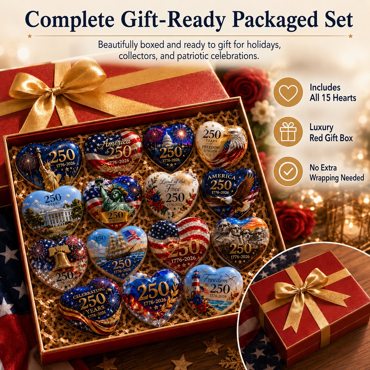 🇺🇸 America 250th Anniversary Commemorative Heart Ornament Collection | 15-Piece Patriotic Keepsake Set