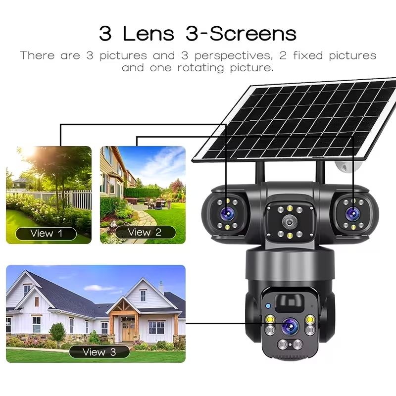 🔥4K Solar Wireless Outdoor Security Camera – Triple Lens Panoramic View, Two-Way Audio, 2.4G WiFi