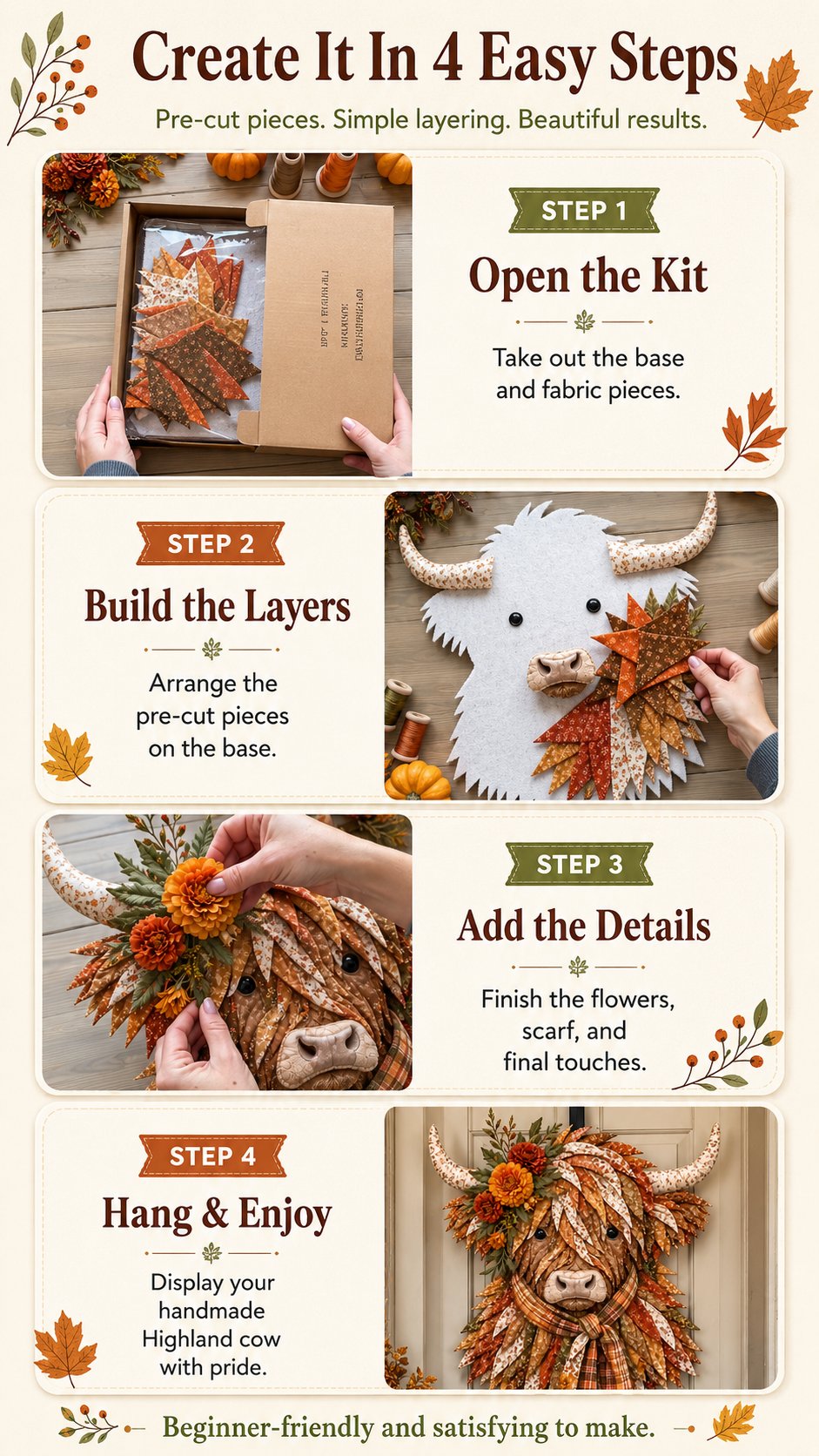 🐮💐🌸 Birth Flower Highland Cow 3D Layered Fabric Art DIY Kit (Beginner-friendly)