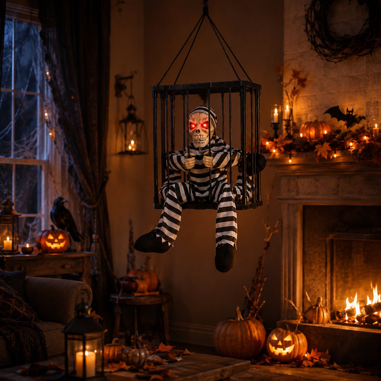 💀 Motion Activated Prisoner Skeleton Halloween Prop – Screaming Jump Scare Decoration With Flashing Red Eyes