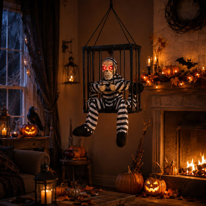 💀 Motion Activated Prisoner Skeleton Halloween Prop – Screaming Jump Scare Decoration With Flashing Red Eyes