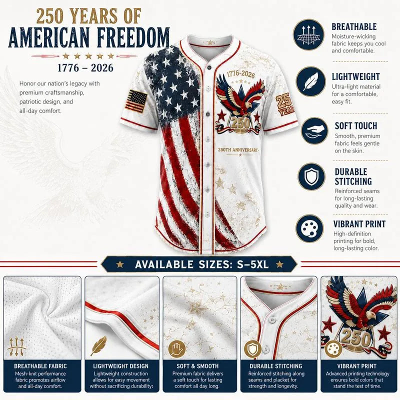 Men's USA 250th Anniversary Baseball Jersey Patriotic American Flag Eagle Button Down Shirt 1776-2026