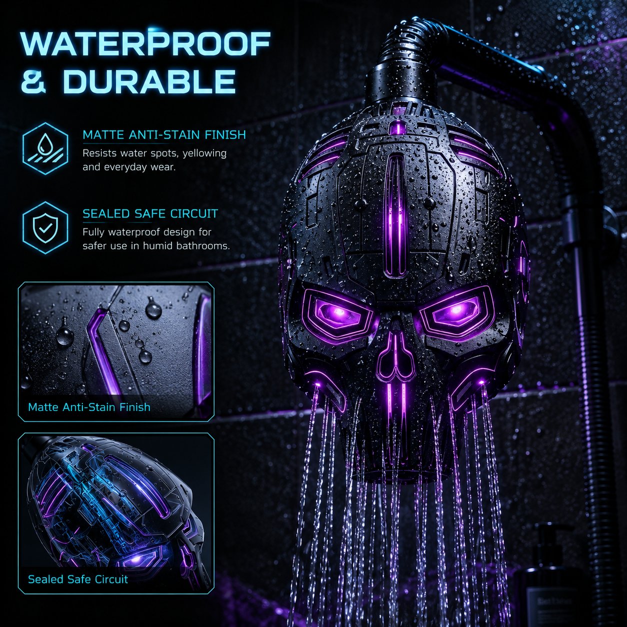 Cyber Mecha Skull Color Changing LED Pressure Boost Shower Head