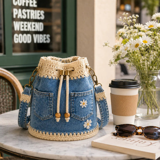 💥SAVE 40%👖 Denim Crochet Drawstring Bucket Bag, Vintage Daisy Crossbody Shoulder Bag For Women