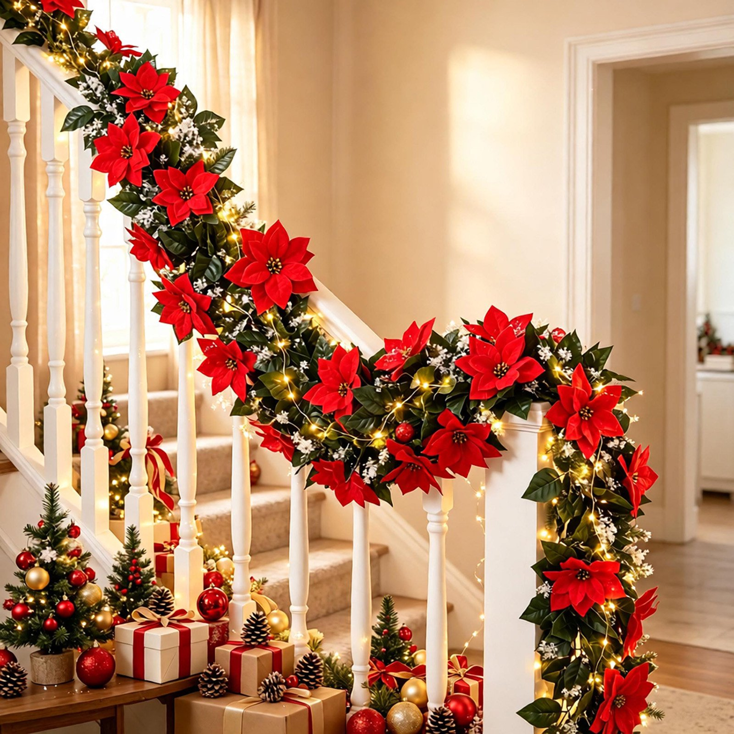 Artificial Christmas Poinsettia Garland with Green Leaves – Flexible Velvet Red Flower Vine for Fireplace, Staircase & Mantel Decor