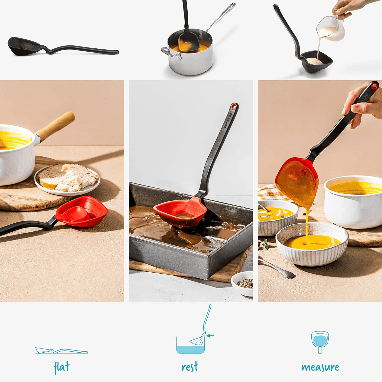 Dreamfarm Fladle Fold-Flat, Space-Saving Serving & Cooking Ladle Measures up to 1/2 Cup with Silicone Scraping Squeegee-Tip - 12"