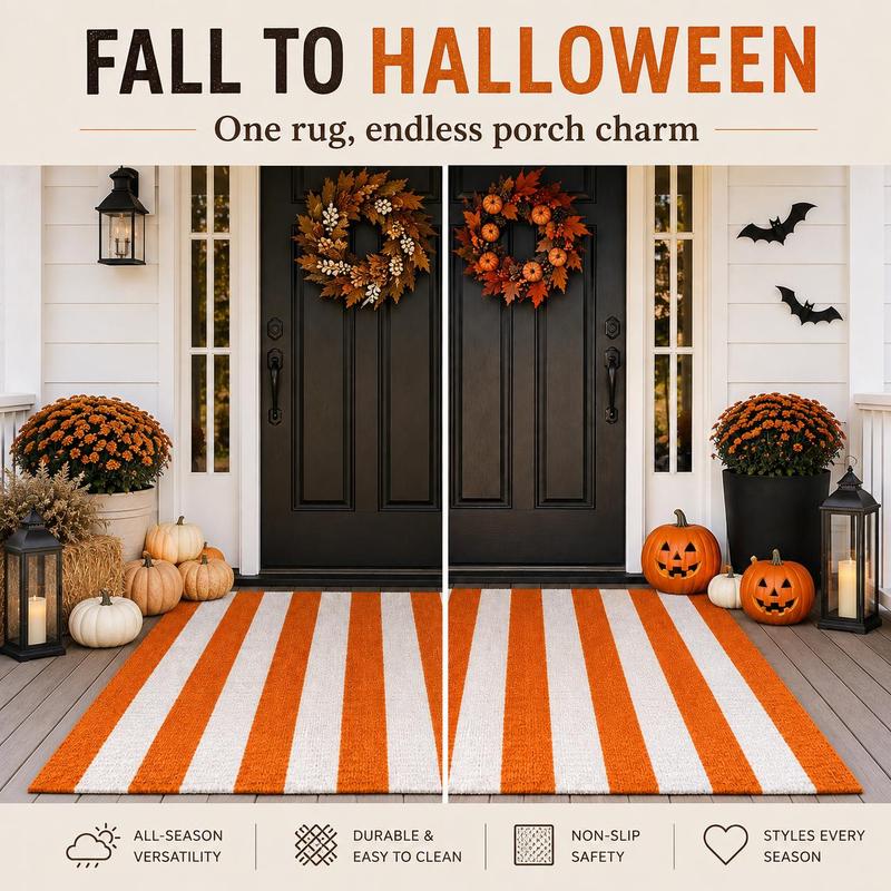🎃🍂 Fall Porch Magic — Orange & Cream Striped Rug