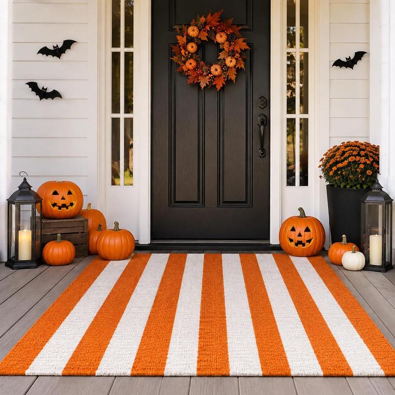 🎃🍂 Fall Porch Magic — Orange & Cream Striped Rug
