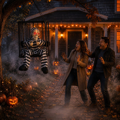 💀 Motion Activated Prisoner Skeleton Halloween Prop – Screaming Jump Scare Decoration With Flashing Red Eyes