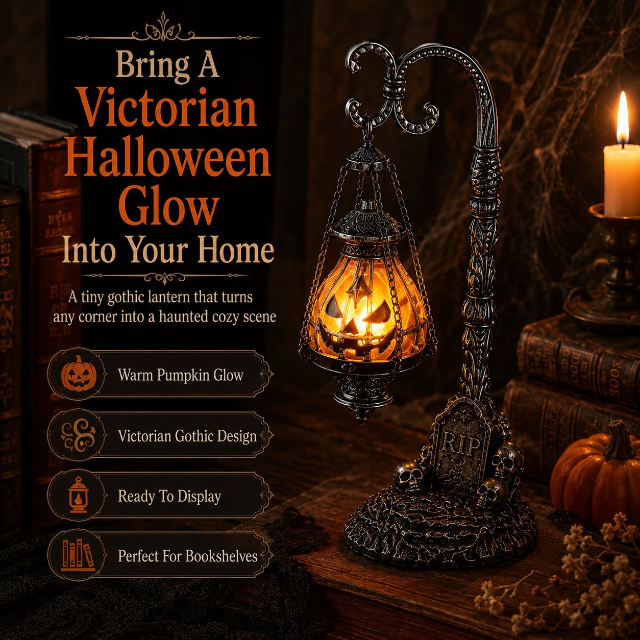 💥🏆 Gothic Pumpkin Lantern Stand | Warm Orange LED Glow, Victorian Skull Details & Haunted Shelf Decor 🕯️