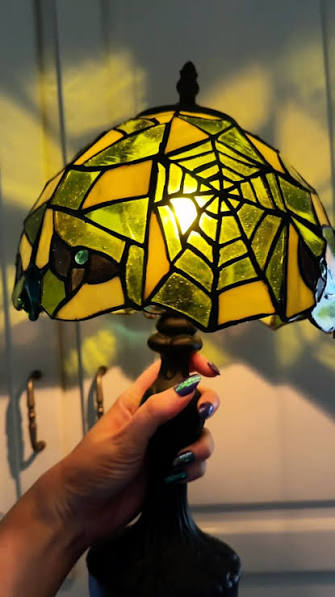 14" Stained Glass Spiderweb Table Lamp - Gothic Halloween Nightlight