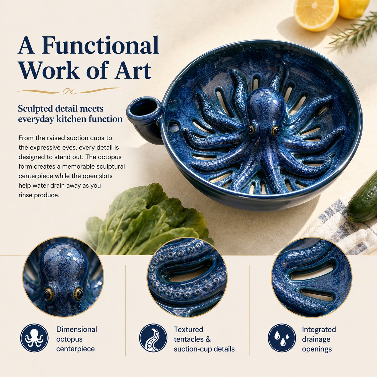 🐙🌊Bold Indigo Octopus Berry Colander